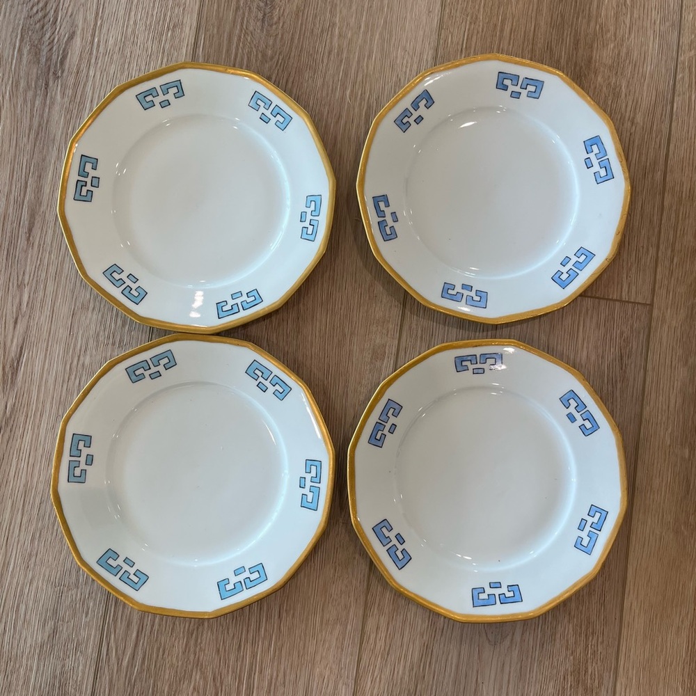 Weimar Germany Elegant White and Gold Set of 4 Salad Plates with Blue Accents